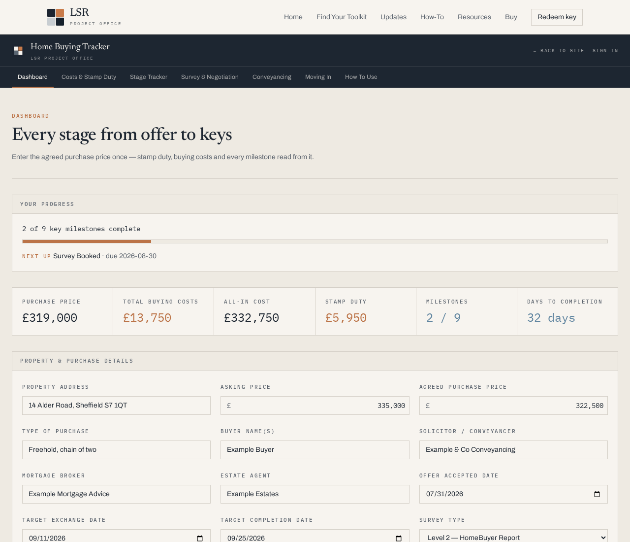 The dashboard — purchase price, buying costs, stamp duty and your milestone tracker at a glance.