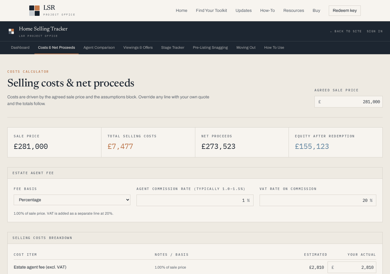 The costs breakdown — agent fees, legal costs and net proceeds calculated live as you type.